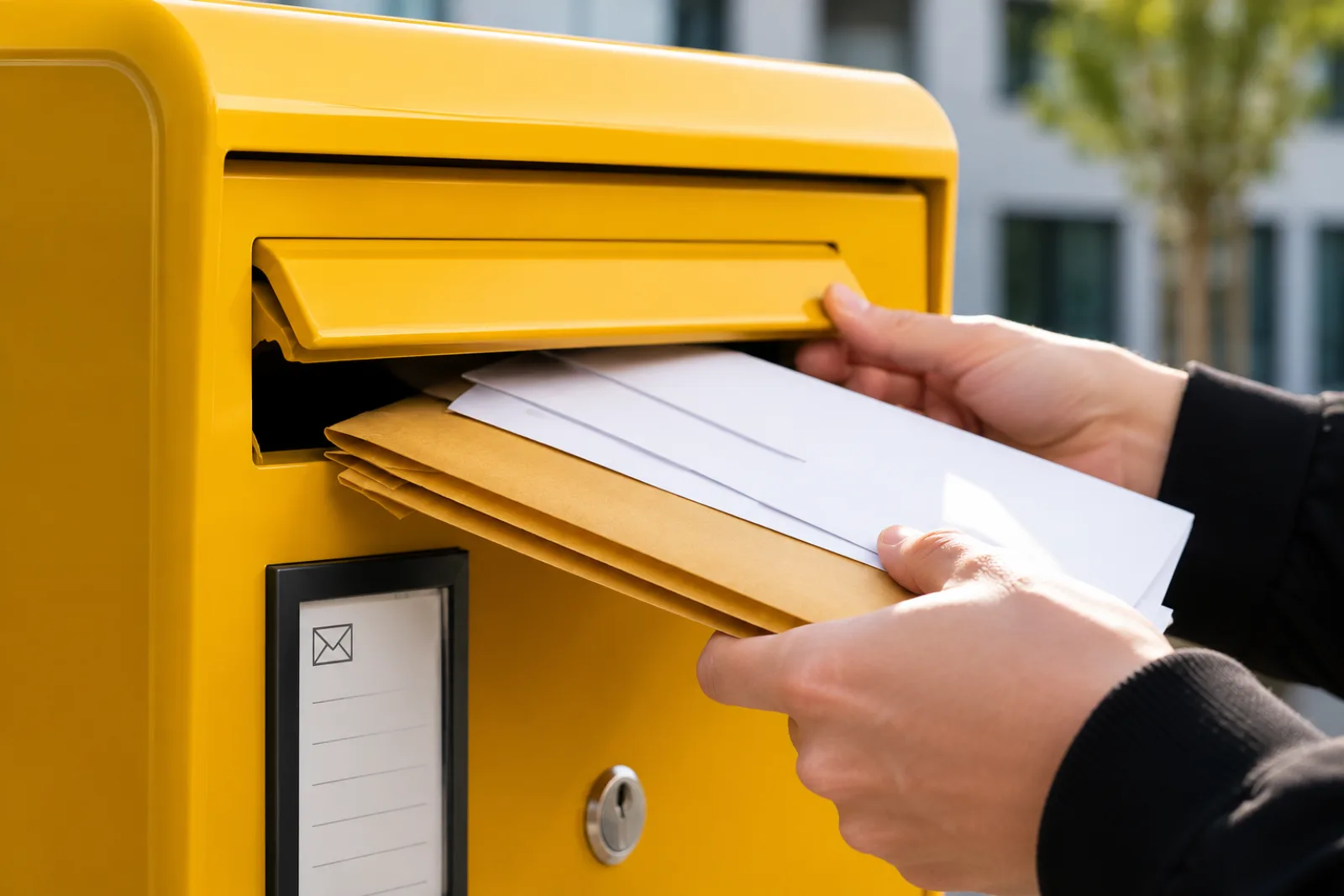Briefe werden in einen gelben Briefkasten der Deutschen Post eingeworfen
